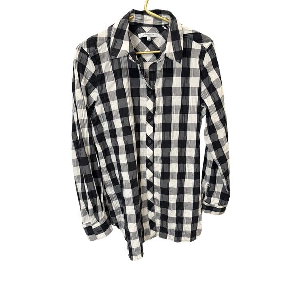 Foxcroft Black White Plaid Button Front Blouse Size 12 Long Sleeve Stretch EUC ✨ - Picture 3 of 7